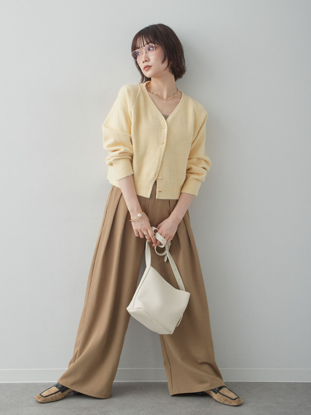 [SET]ゴールドラインボタンカーディガン+クレープデシンタックワイドパンツ(2set)