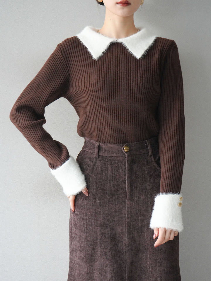 [SET]シャギー襟リブニットトップス+ベルベットマーメイドスカート(2set)
