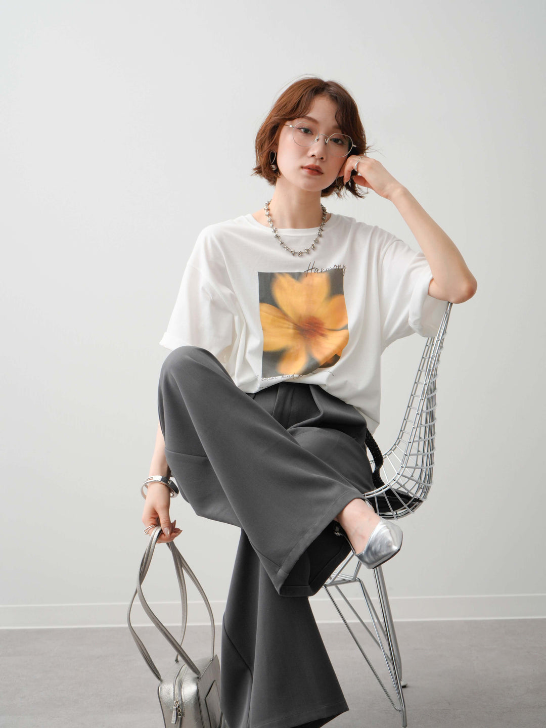 [SET]フラワーフォトTEE+ベルトループデザインワイドパンツ(2set)
