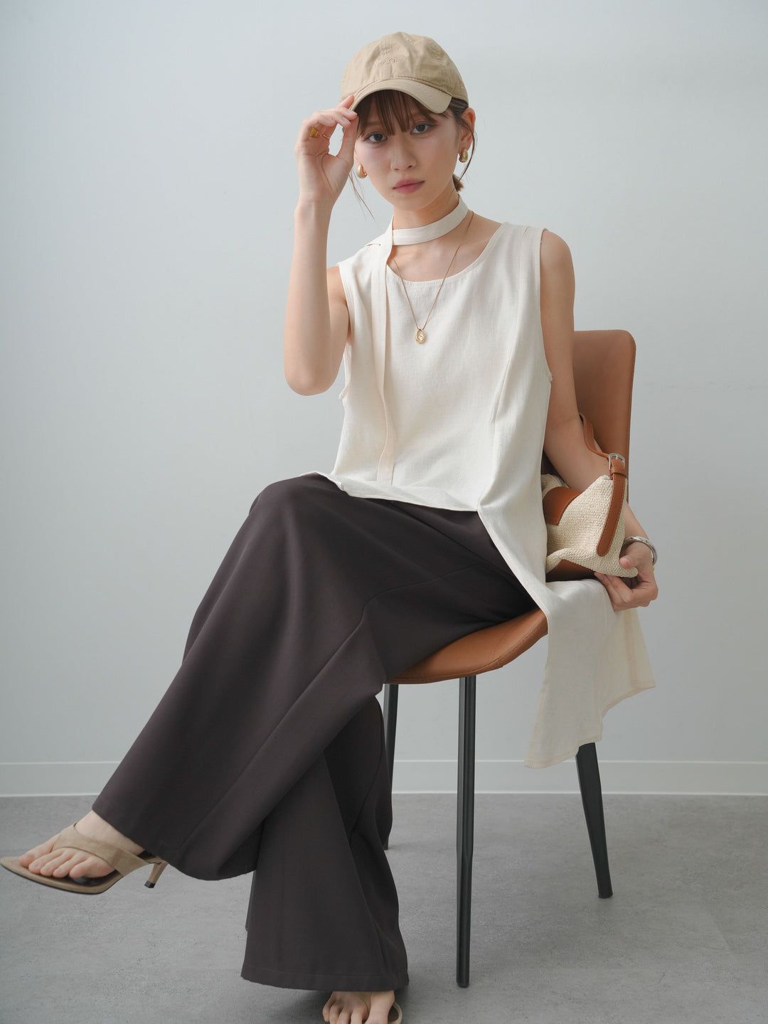 [SET]タイ付アシメヘムノースリトップス+ベルトループデザインワイドパンツ(2set)