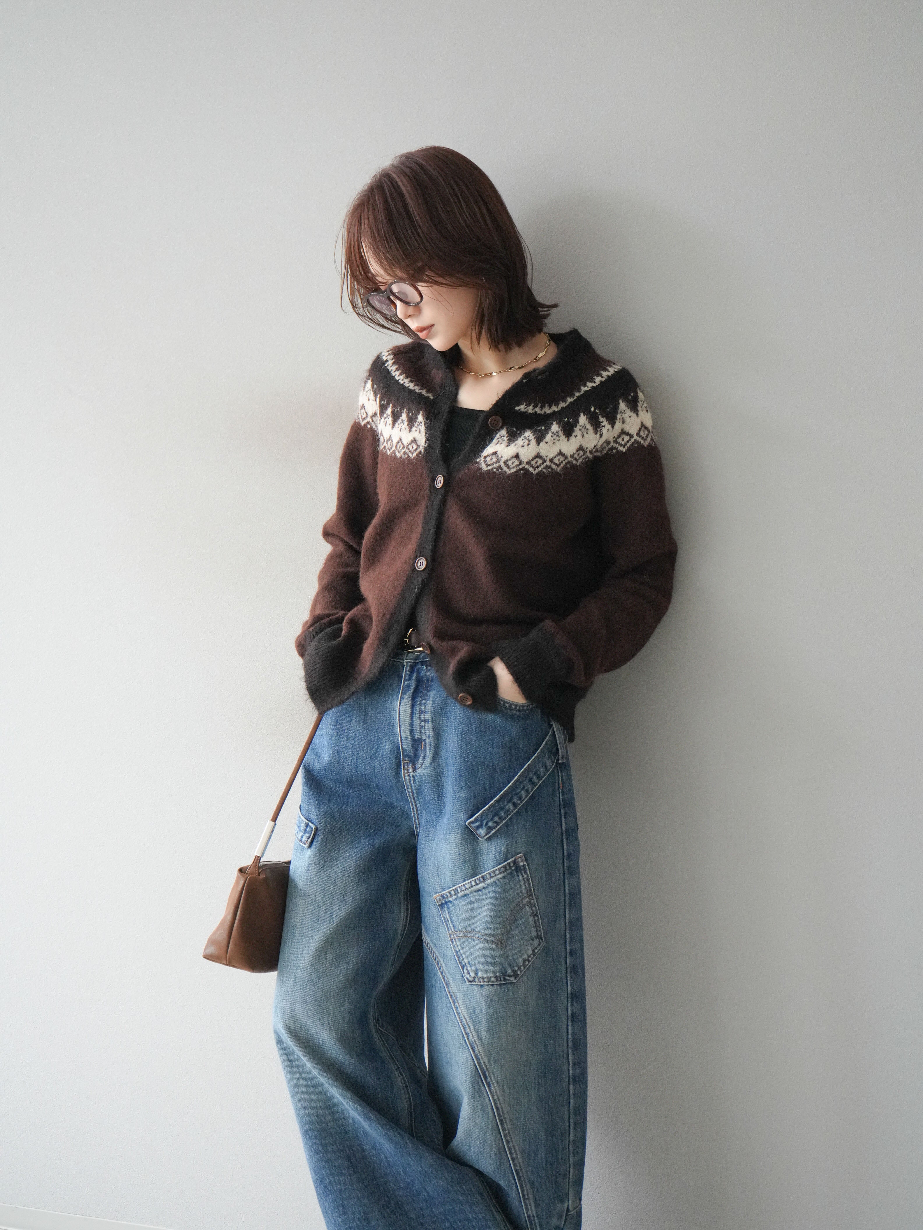 SET]ノルディック柄ニットカーディガン+ペインターカーブデニムパンツ