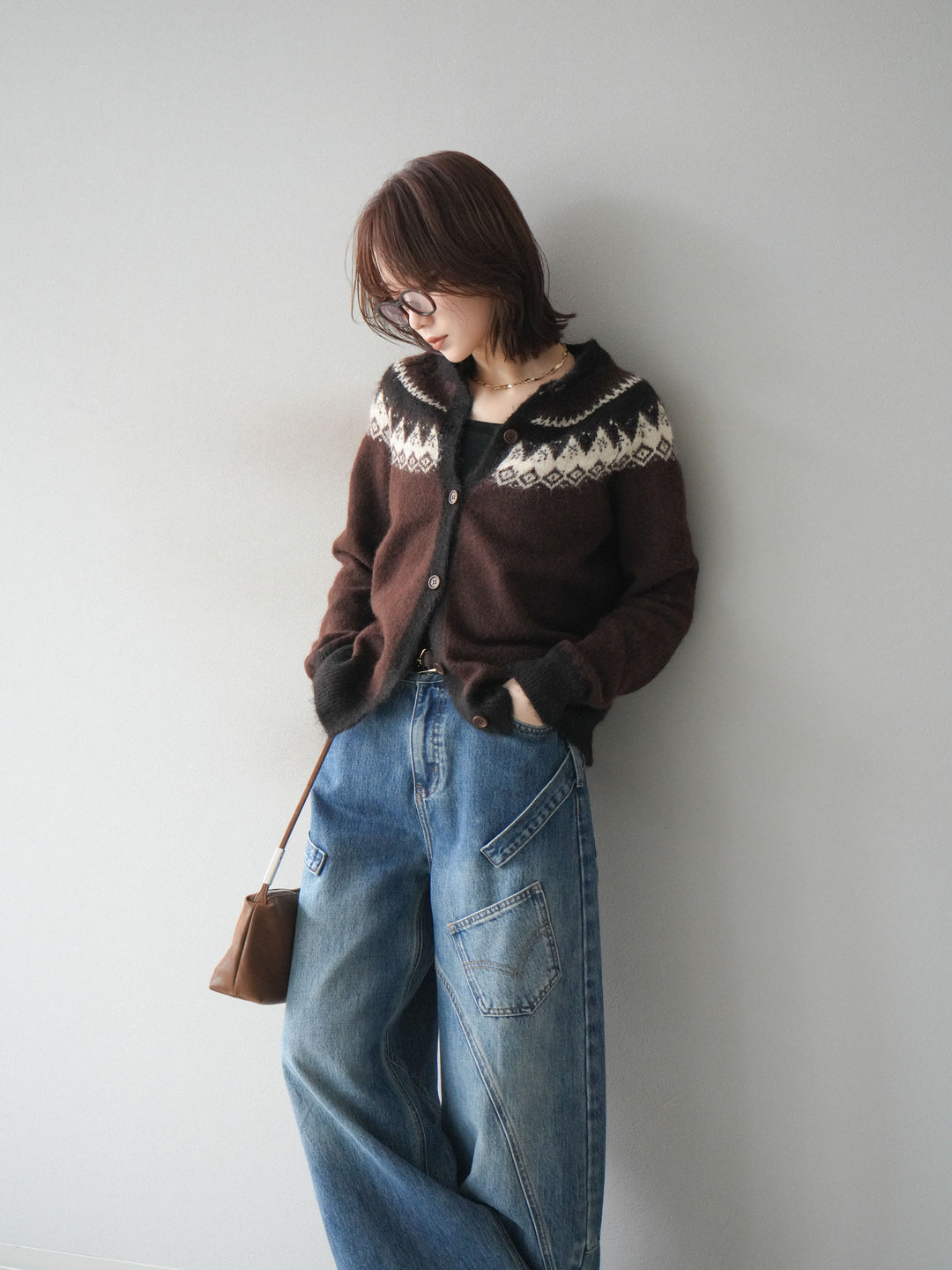 [SET]ノルディック柄ニットカーディガン+ペインターカーブデニムパンツ(2set)