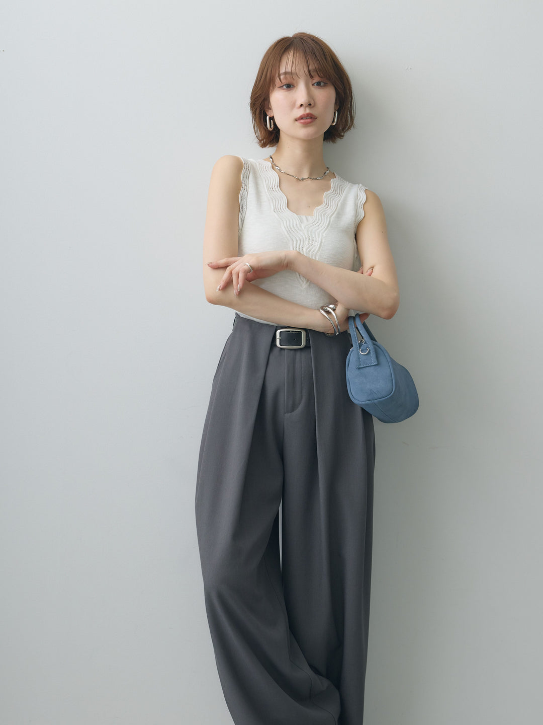 [SET]カーブデザインリブニットタンクトップ+ベルトループデザインワイドパンツ(2set)