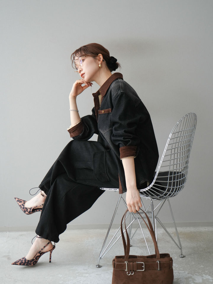 [予約]裏起毛コーデュロイ襟デニムシャツジャケット/black