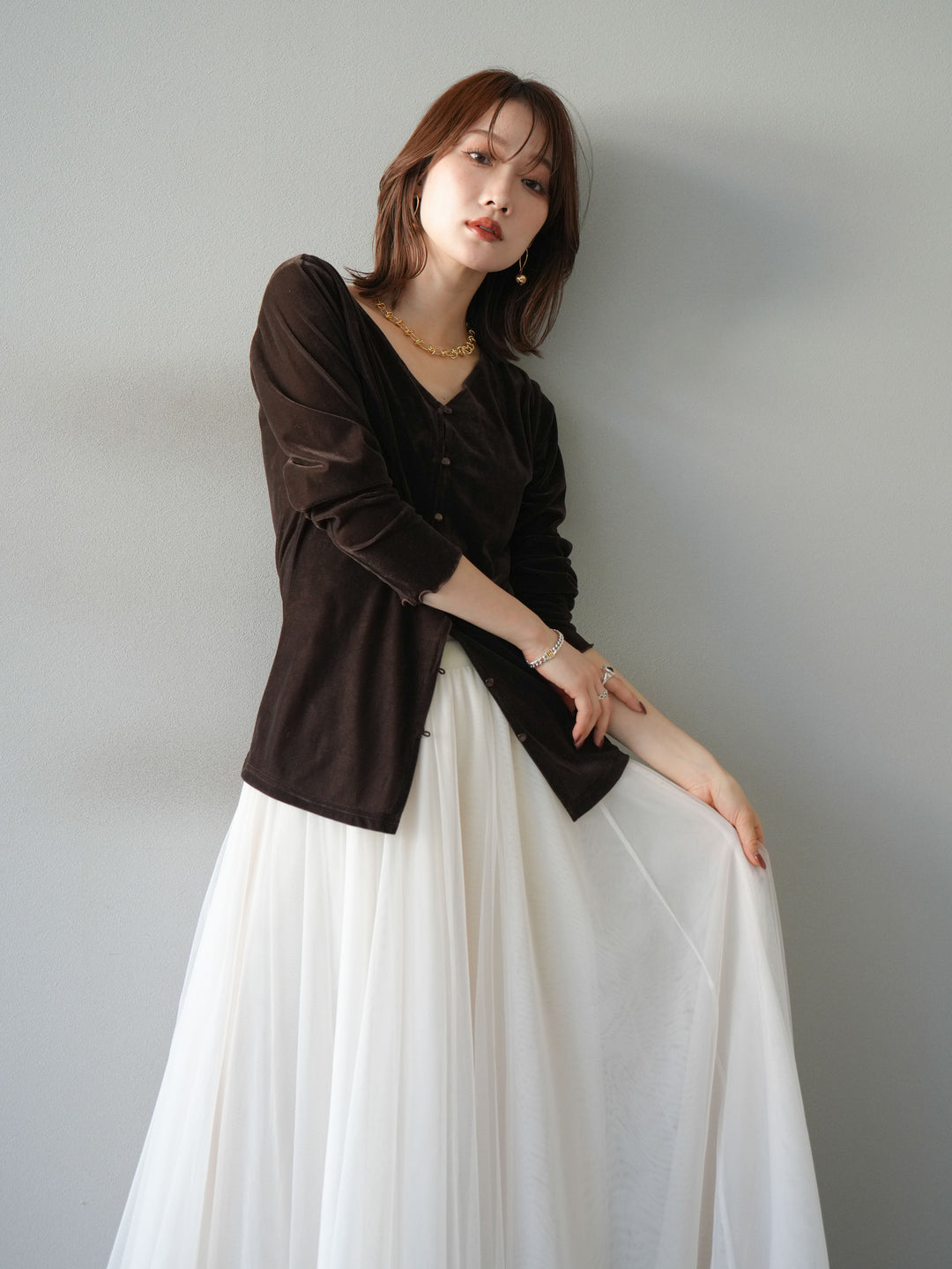 [予約]ベロアカーディガン/brown