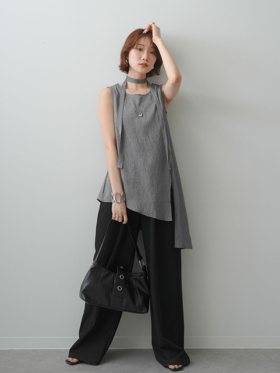 [SET]タイ付アシメヘムノースリトップス+リラックスドレープスウェットパンツ(2set)