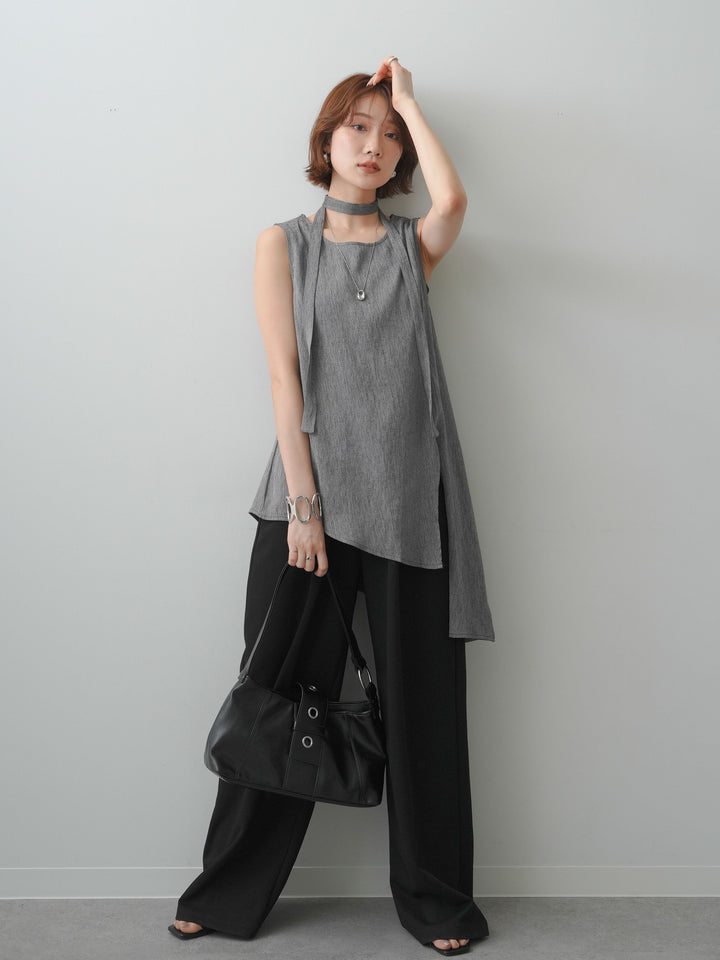 [SET]タイ付アシメヘムノースリトップス+リラックスドレープスウェットパンツ(2set)