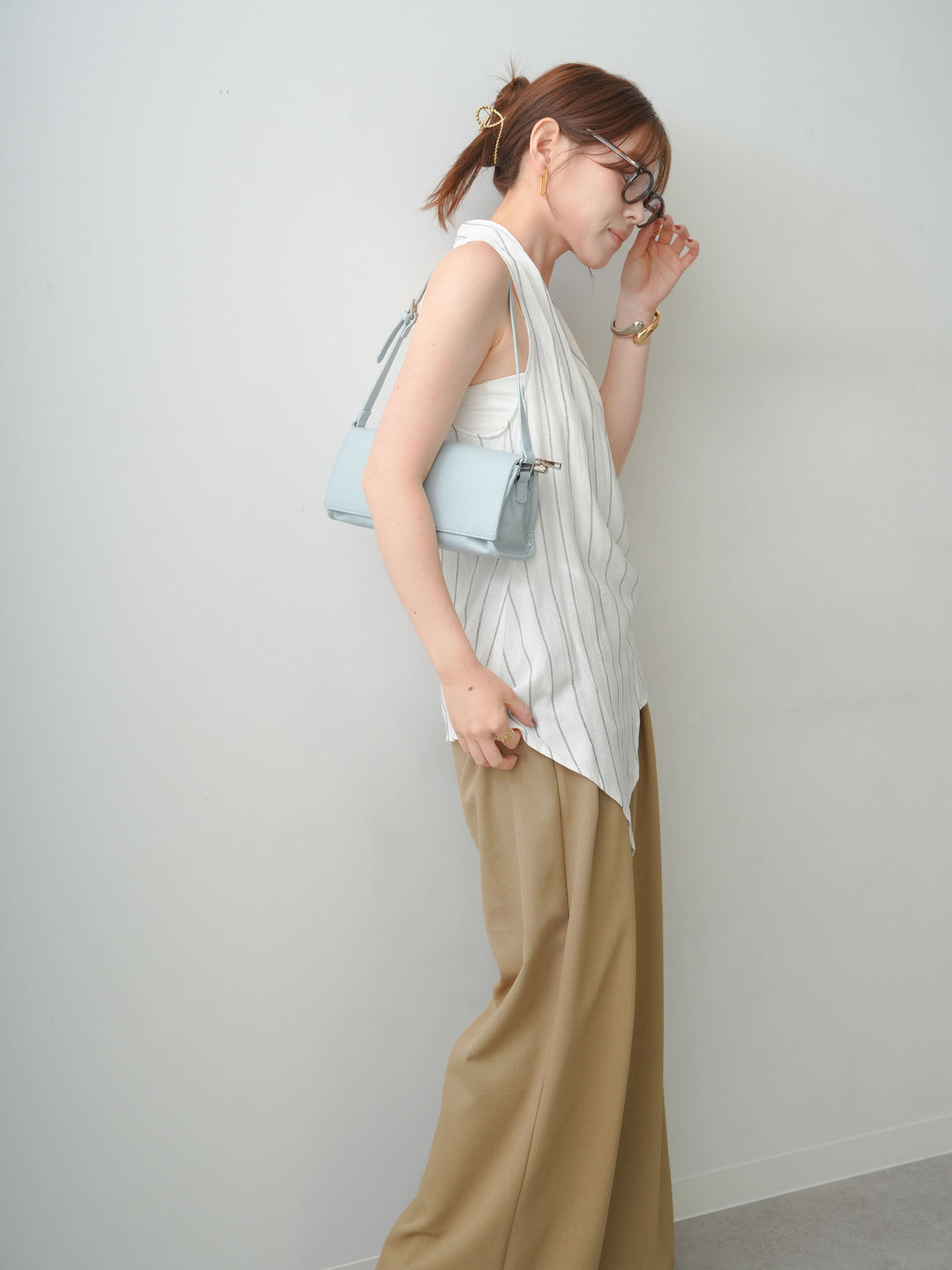 [SET]ストライプカシュクールジレ+クレープデシンタックワイドパンツ(2set)