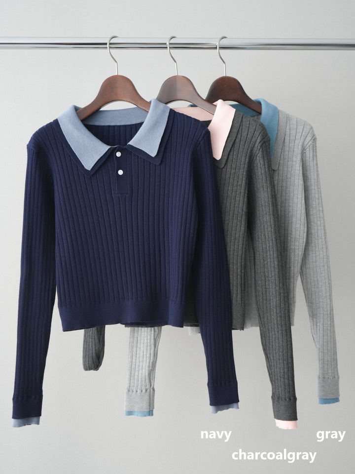 [SET]ダブル襟ポロリブニットトップス+ウエスト巻きデザインドロストコットンナイロンパンツ(2set)