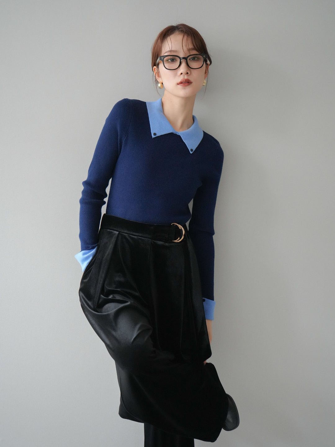 [予約]ニットカフス襟付き配色リブニットトップス/navy