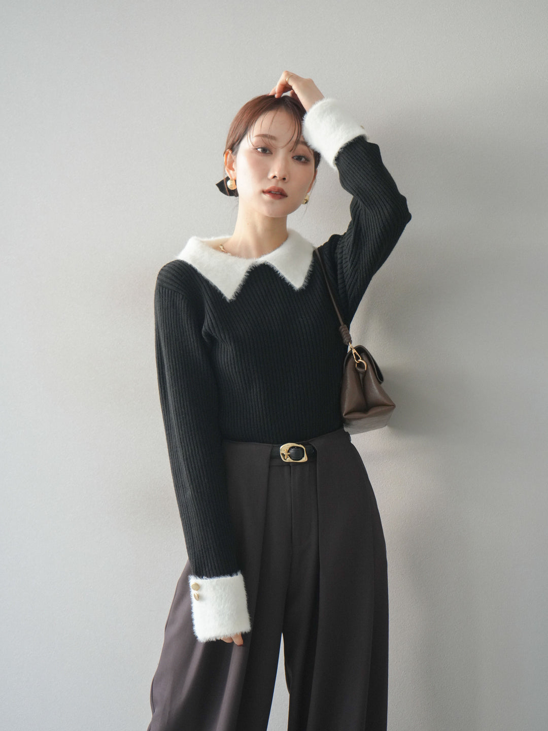 [SET]シャギー襟リブニットトップス+ベルトループデザインワイドパンツ(2set)