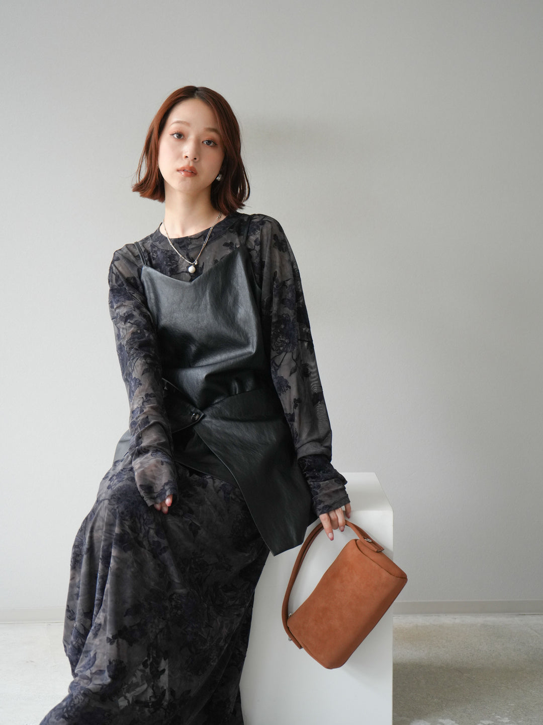 [予約]レイヤードレザーキャミソールチュニック/ブラック