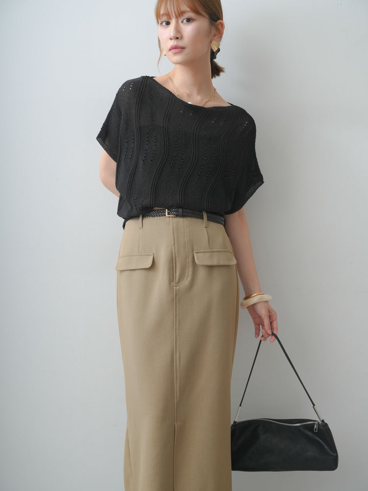 [SET]アイレットサマーニットトップス+クレープデシンフラップ付きストレートスカート(2set)