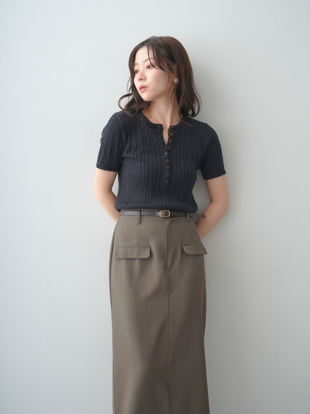 [予約]ヘンリーケーブルハーフニットトップス/blue