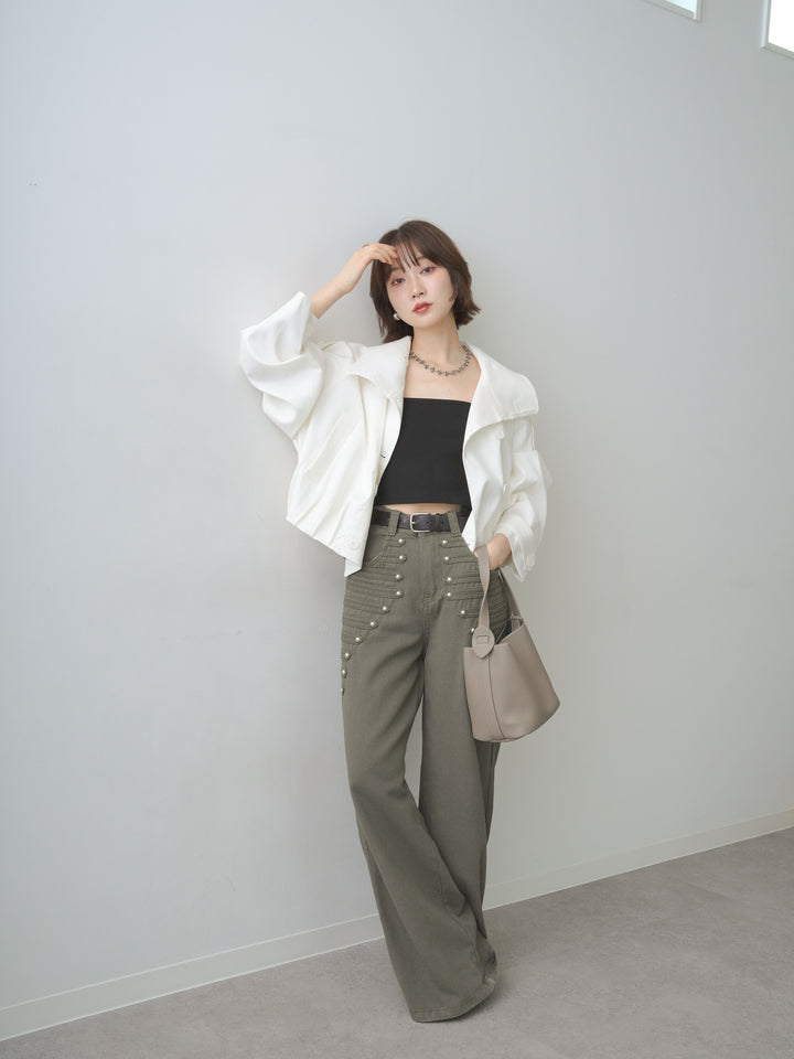 [SET]コクーンショートトレンチ+ダブルストラップカップ付キャミソール+ナポレオンワイドストレートパンツ(3set)