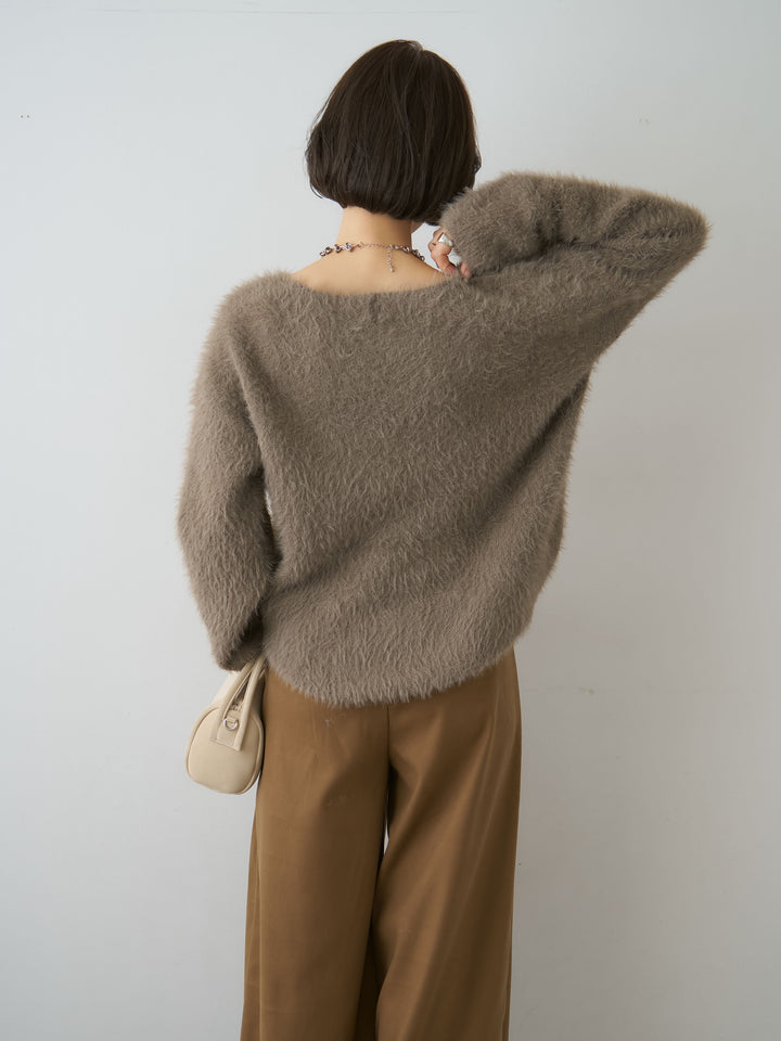 [SET]シャギーVネックニットトップス+ダブルタックドレープストレートワイドパンツ(2set)