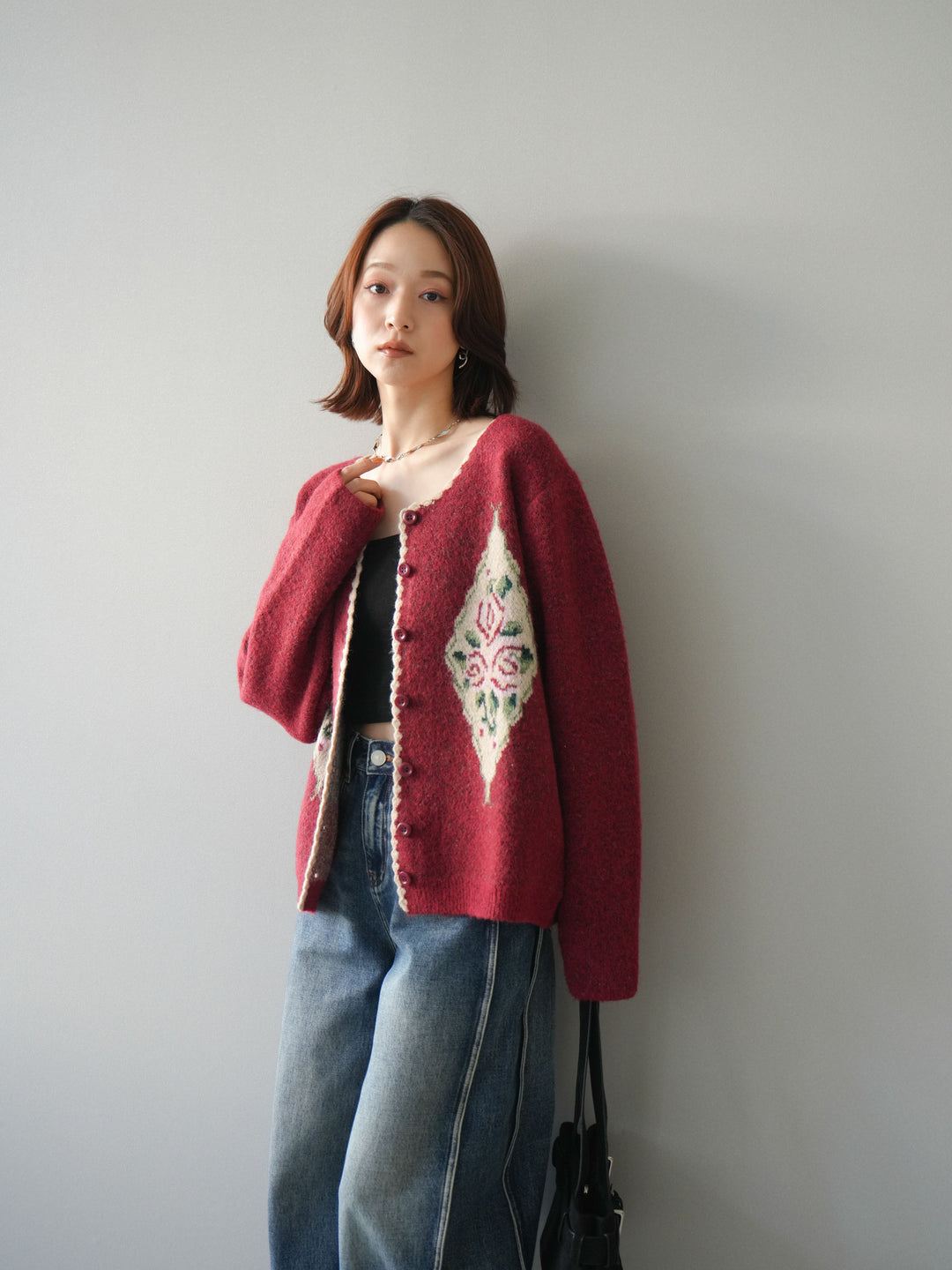 [予約]アンティークフラワージャガードニットカーディガン/red