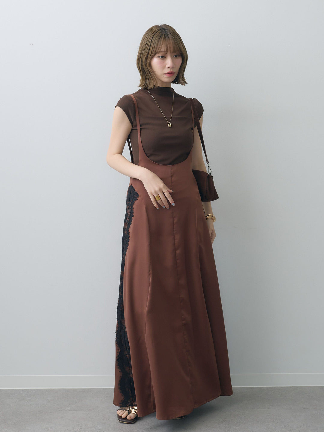 [SET]サイドレースサテンジャンパースカート+シアー切替ストレッチトップス(2set)