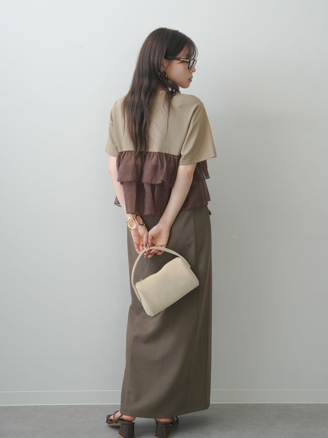 [SET]オーガンジーフリルドッキングTEE+クレープデシンフラップ付きストレートスカート(2set)