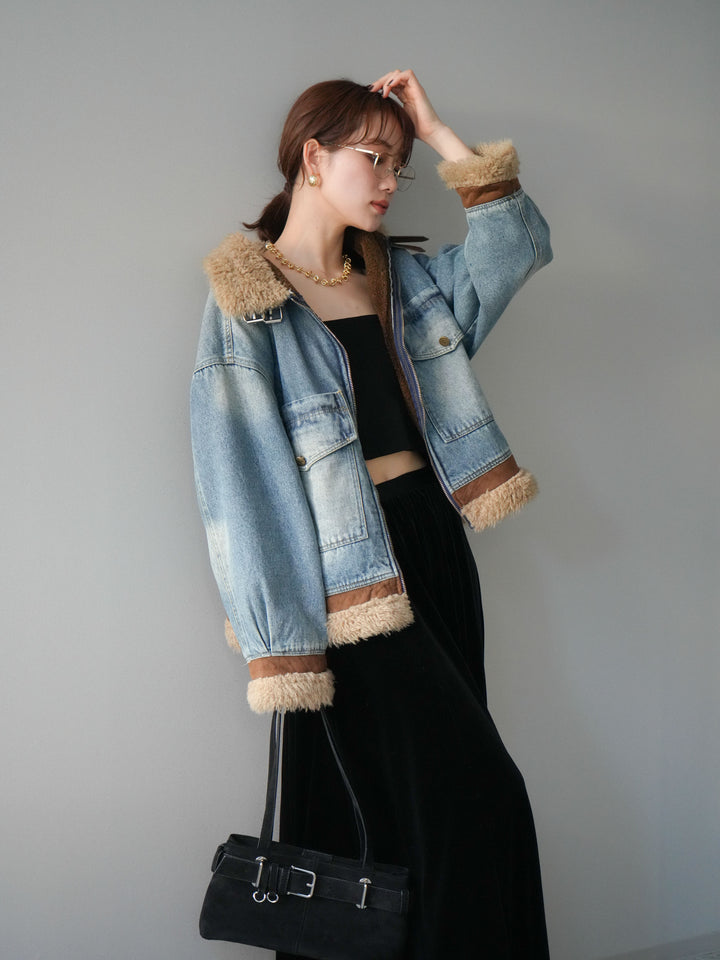 [予約]スタンドカラーファー×デニムジャケット/lightblue