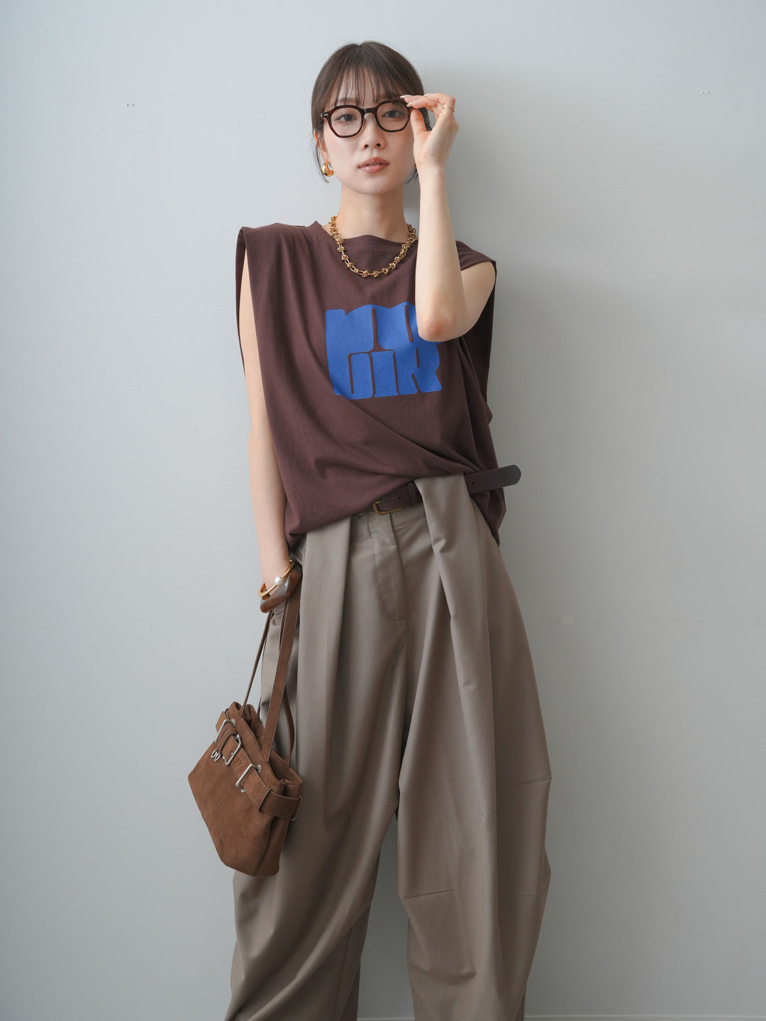 [SET]ワイドネックプリントTEE+ショルダータックノースリーブオーバーTEE(2set)