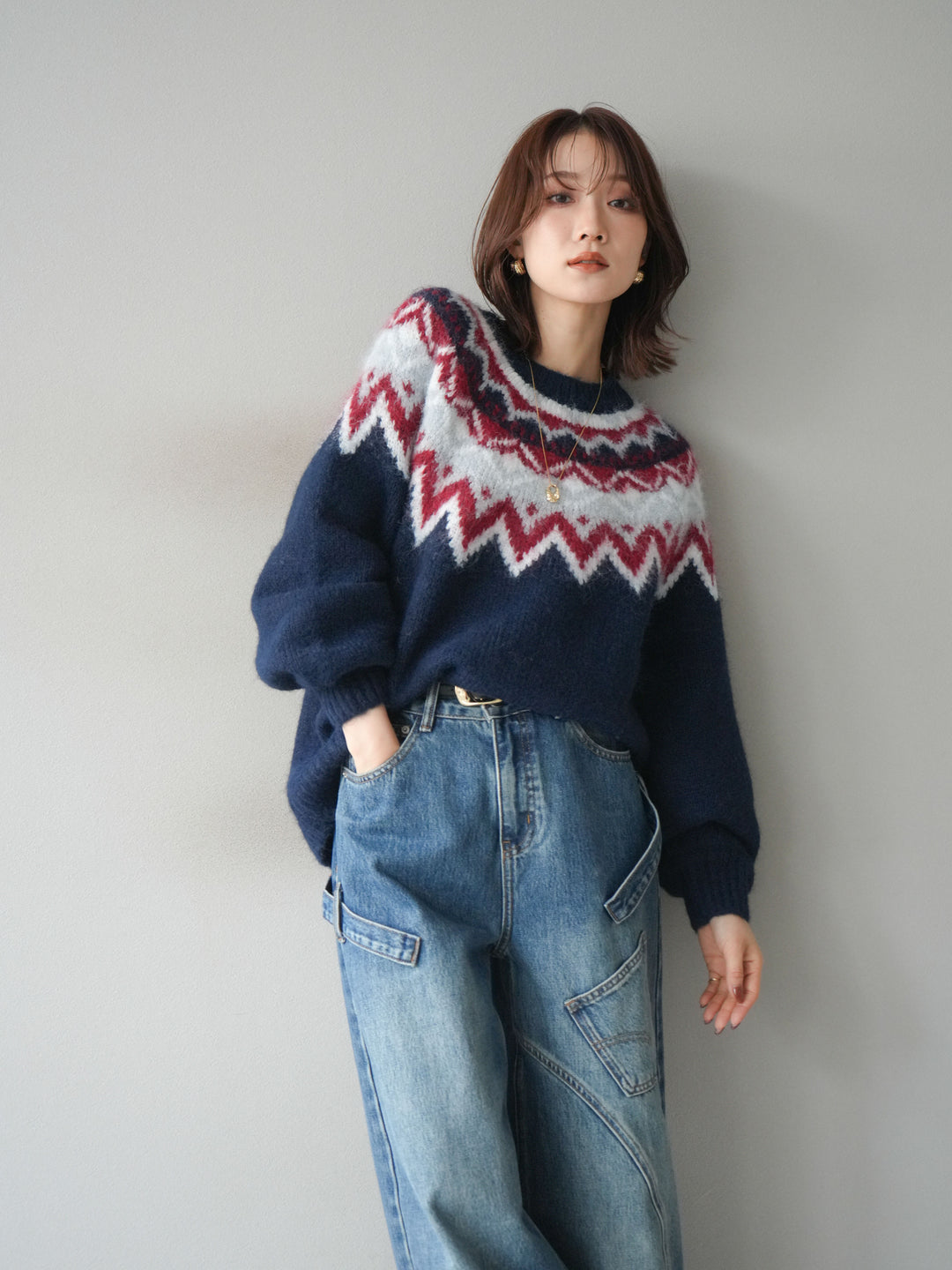 [SET]求心柄オーバーニットプルオーバー+ペインターカーブデニムパンツ(2set)