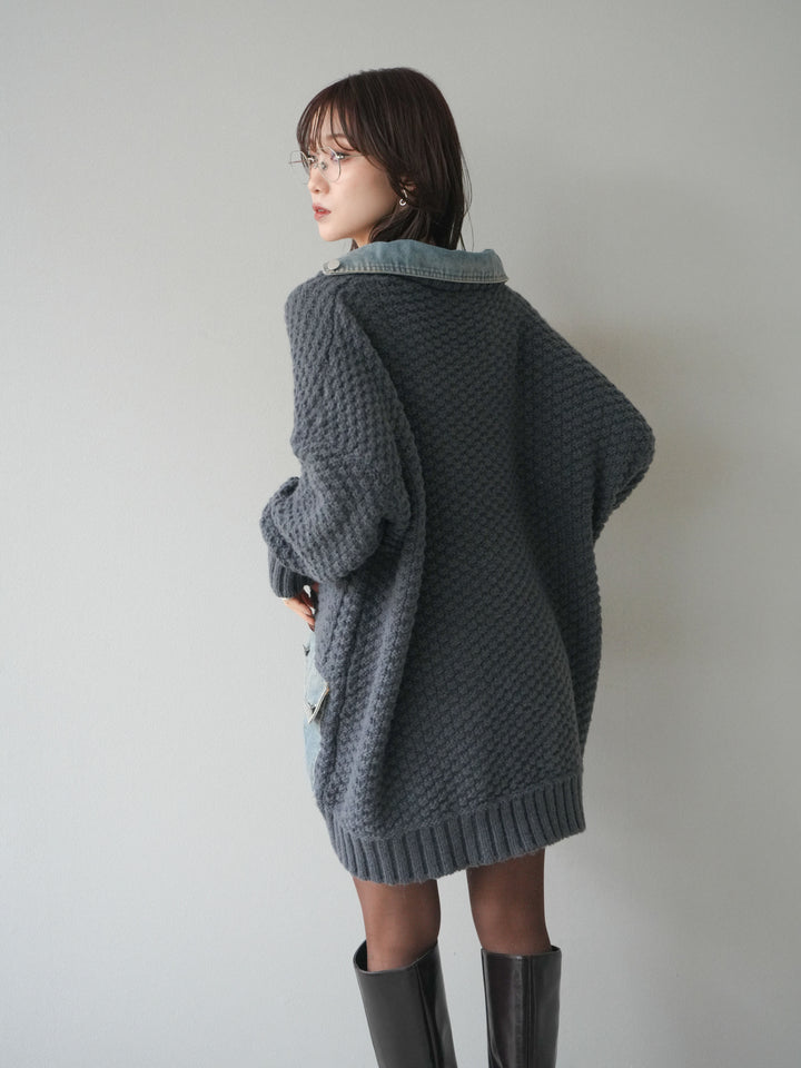 [予約]デニム襟レイヤードニットジャケット/gray