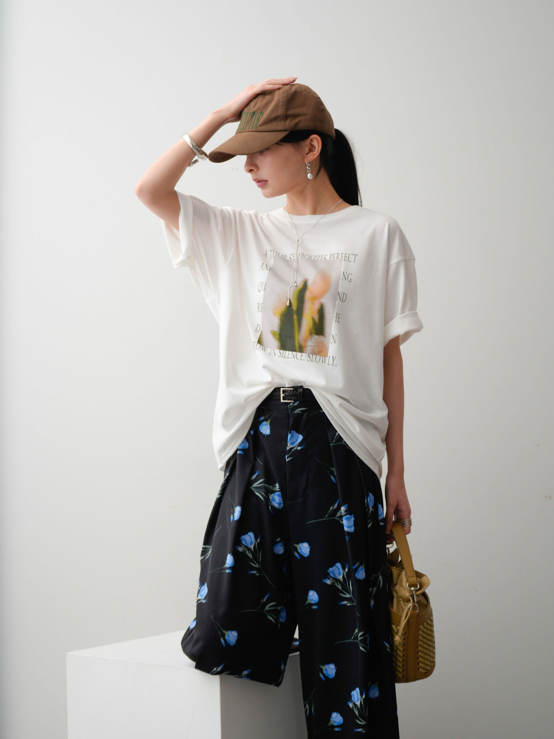 [SET]フラワーフォトTEE+フラワープリントドレープタックパンツ(2set)