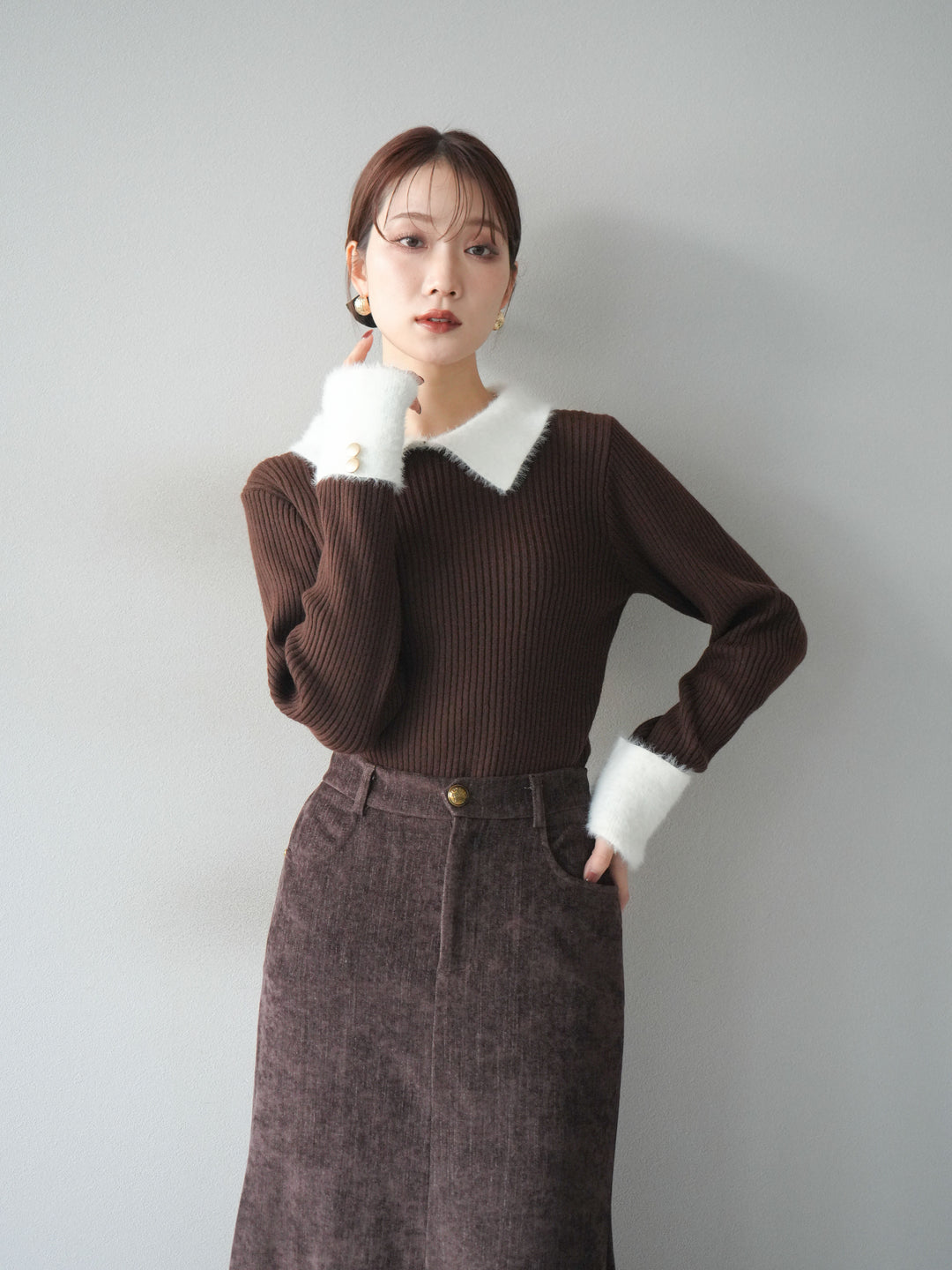 [SET]シャギー襟リブニットトップス+ベルベットマーメイドスカート(2set)