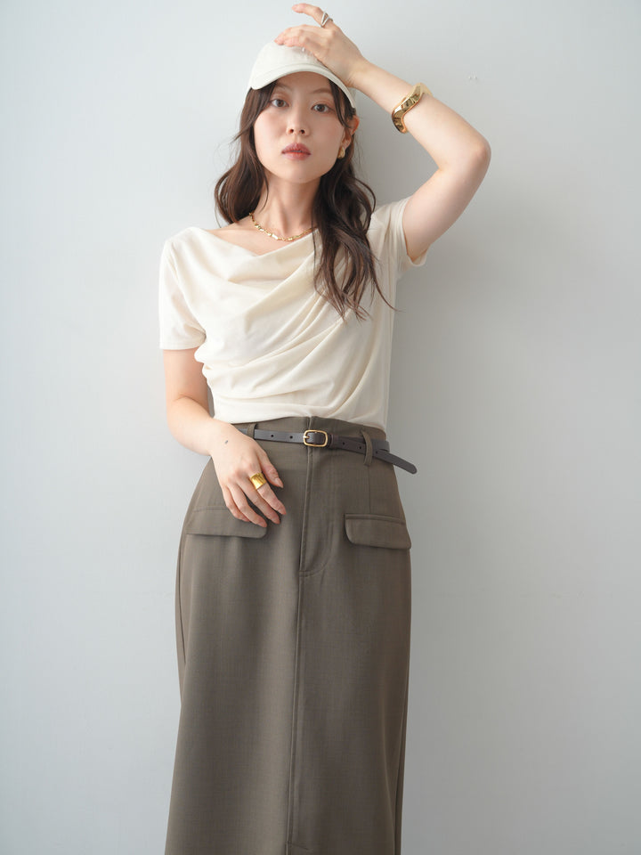 [SET]アシメネックシアーベロアトップス+クレープデシンフラップ付きストレートスカート(2set)