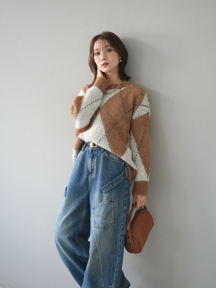 [予約]アーガイルオーバーニットプルオーバー/camel