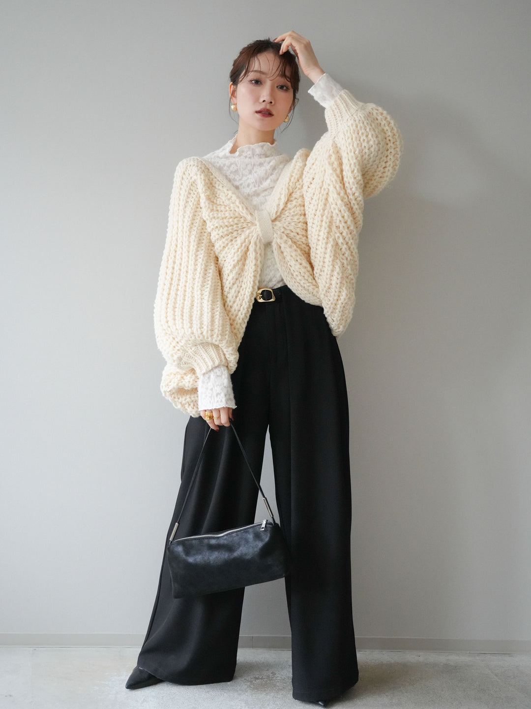 [SET]ローゲージ畦編みドルマンニットボレロ+起毛レースプチネックトップス+ベルトループデザインワイドパンツM(3set)