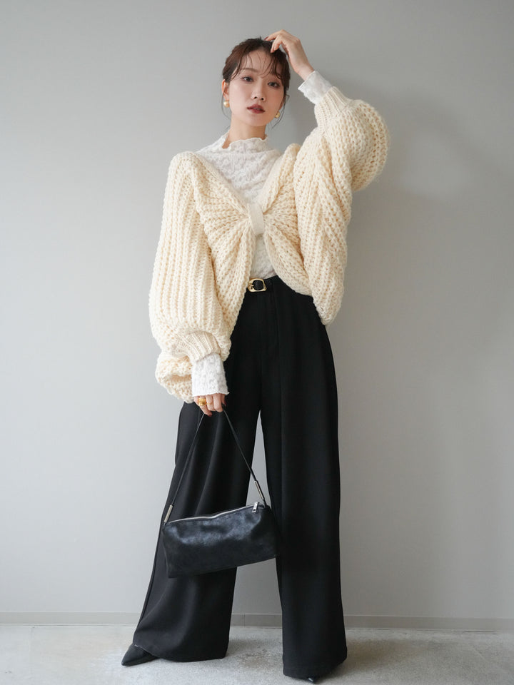 [SET]ローゲージ畦編みドルマンニットボレロ+起毛レースプチネックトップス+ベルトループデザインワイドパンツM(3set)