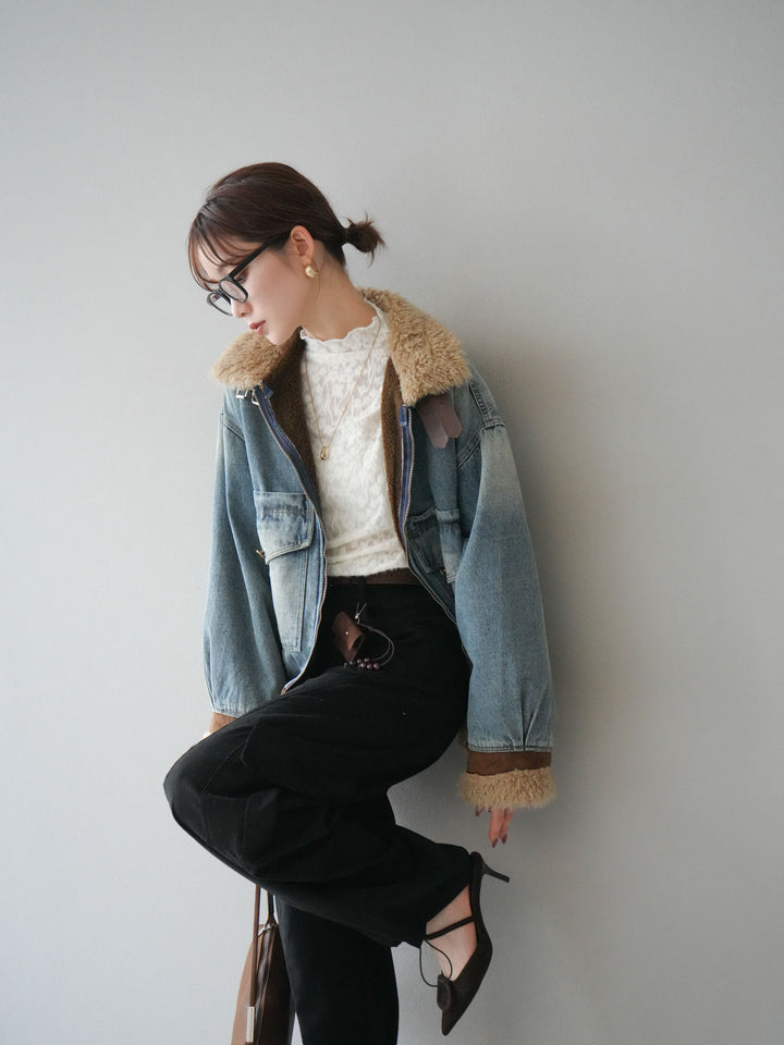 [予約]スタンドカラーファー×デニムジャケット/lightblue