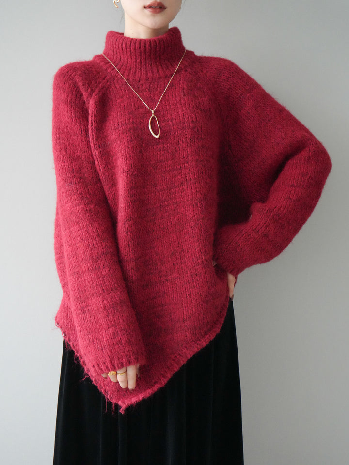 [予約]アシンメトリーハイネックニットプルオーバー/red