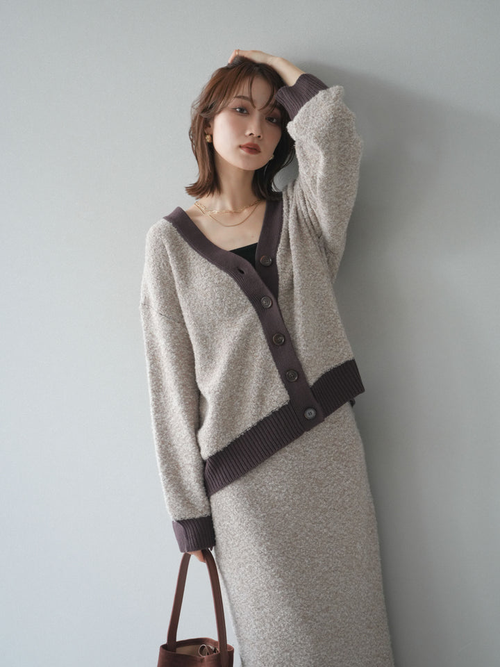 [SET]ブークレバイカラーニットカーディガン+ブークレバイカラータイトニットスカート(2set)