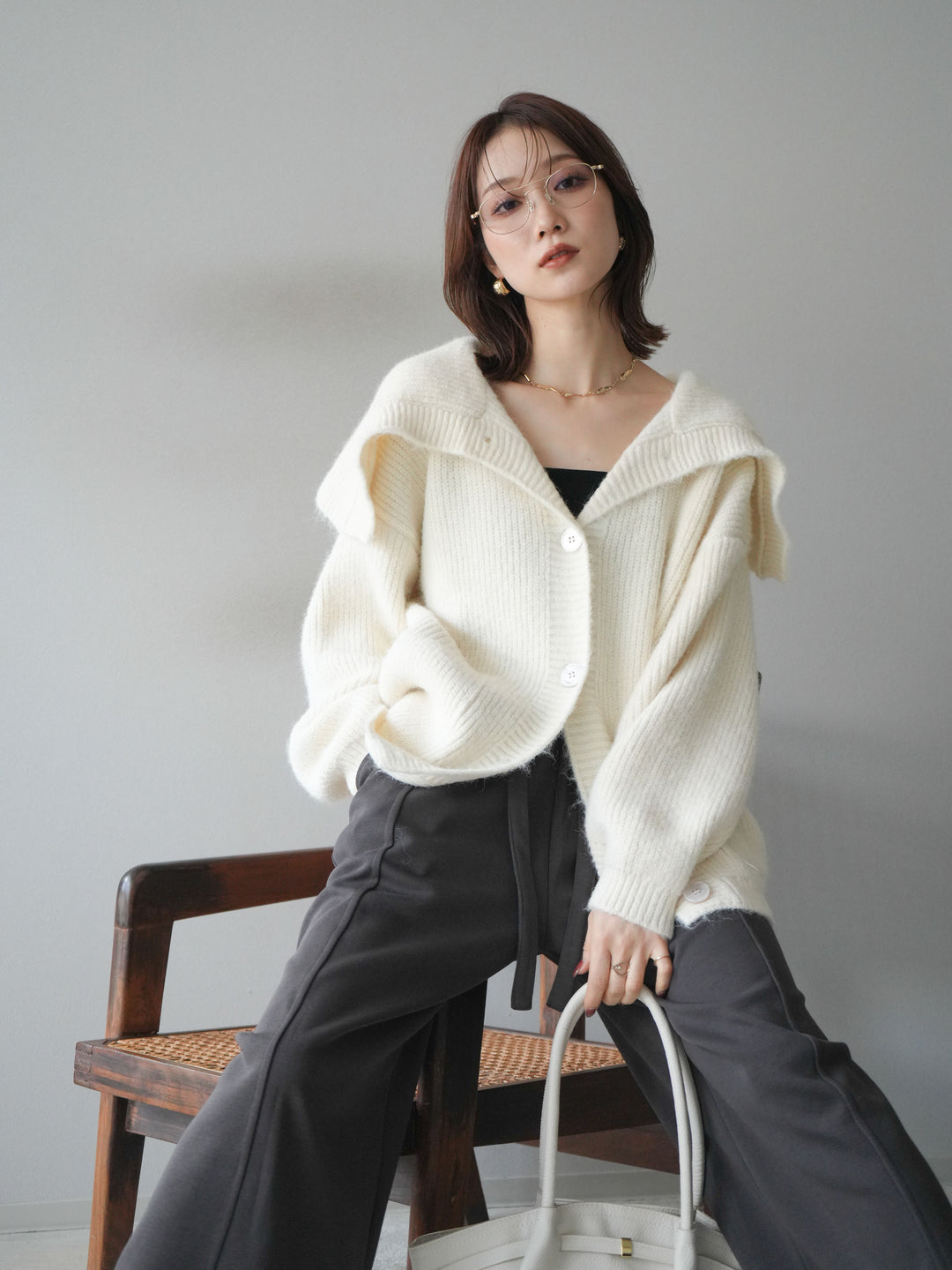 [予約]襟付きボタンオーバーニットカーディガン/ivory