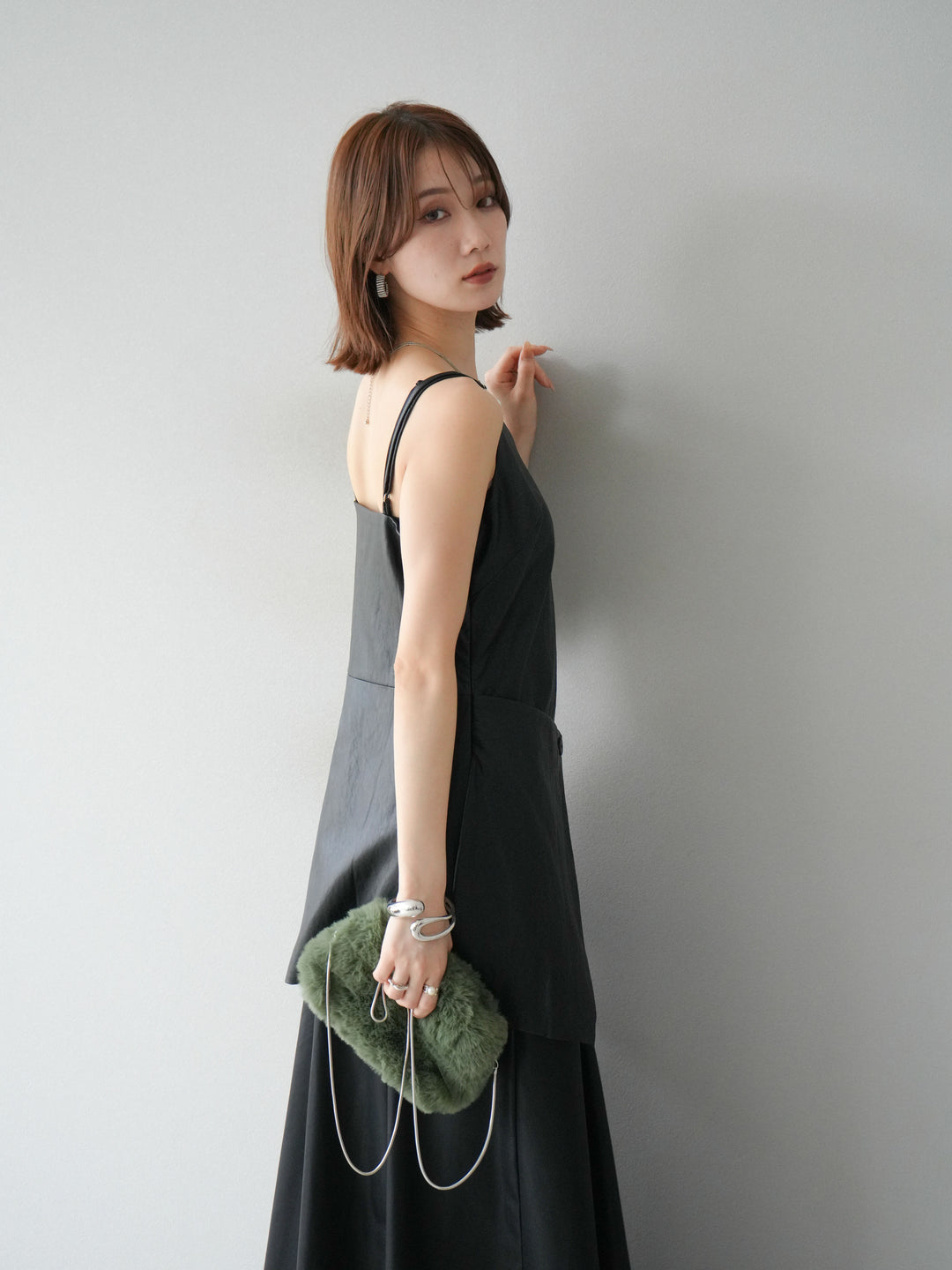 [予約]レイヤードレザーキャミソールチュニック/ブラック