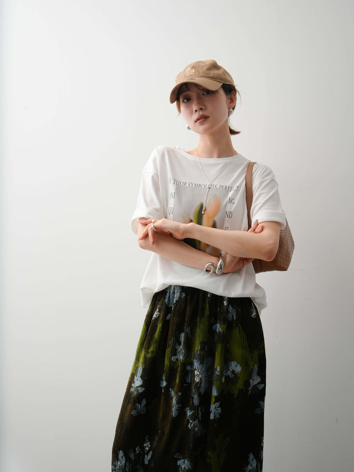 【着回しセット】フラワーフォトTEE+フラワープリントドレープタックパンツ+フラワープリントIラインギャザースカート(3set)