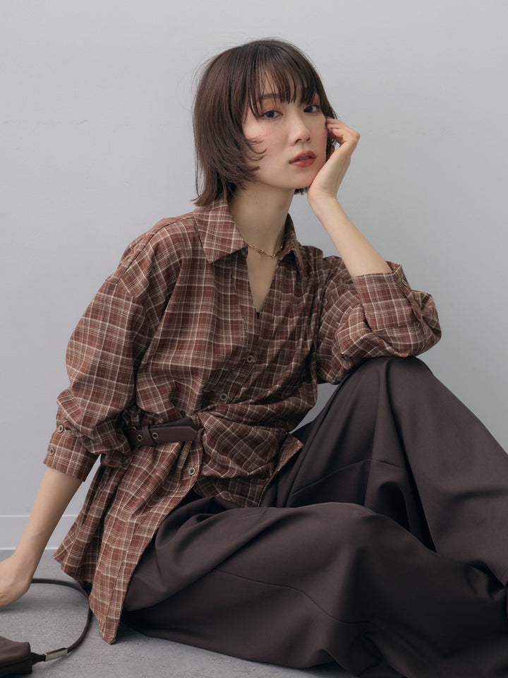 [SET]ベルテッドドレープシャツ+ツイルタックワイドパンツ(2set)