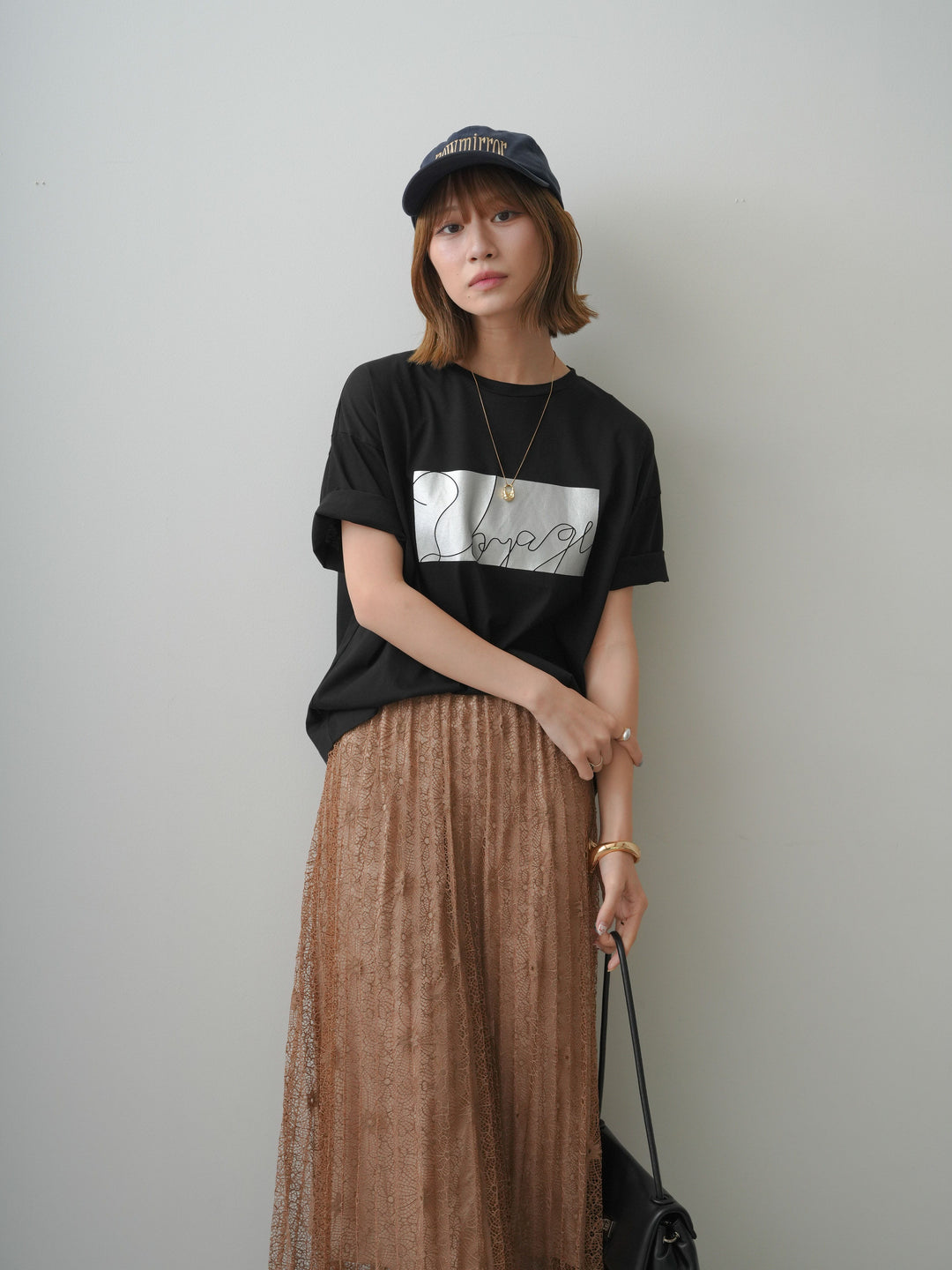 [SET]箔プリントボックスTEE+フローラルレースプリーツスカート(2set)