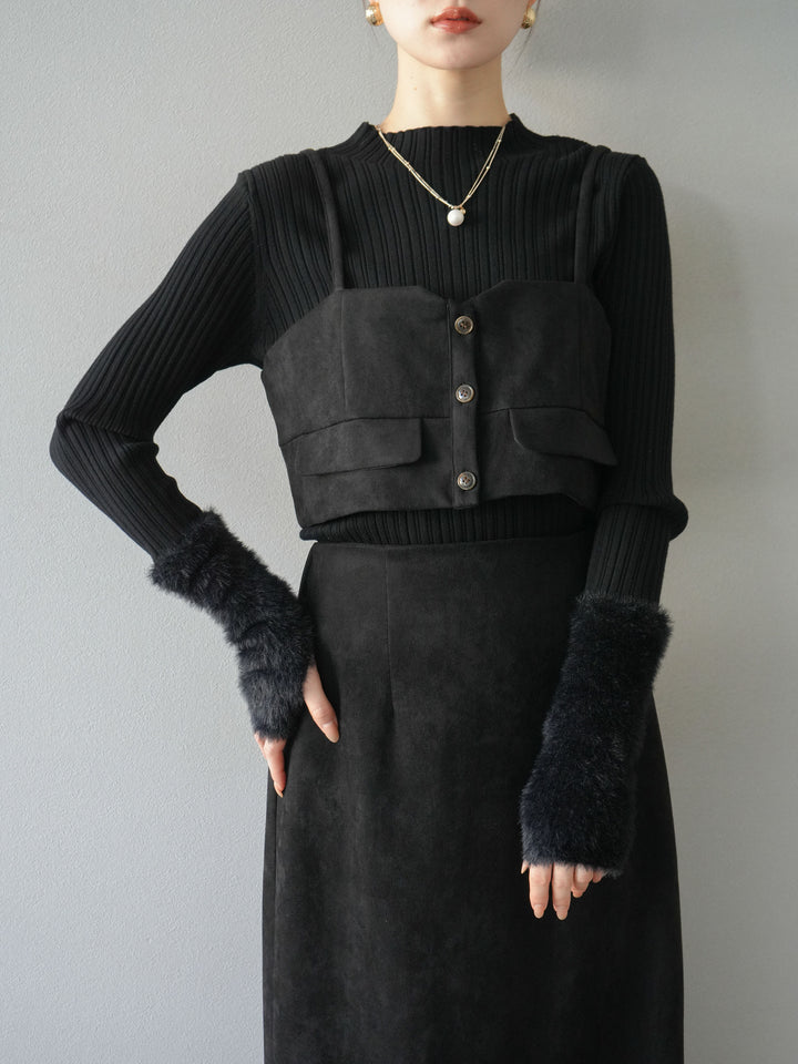 [SET]スウェードビスチェ+アームシャギーランダムリブニットトップス+スウェードIラインスカート(3set)