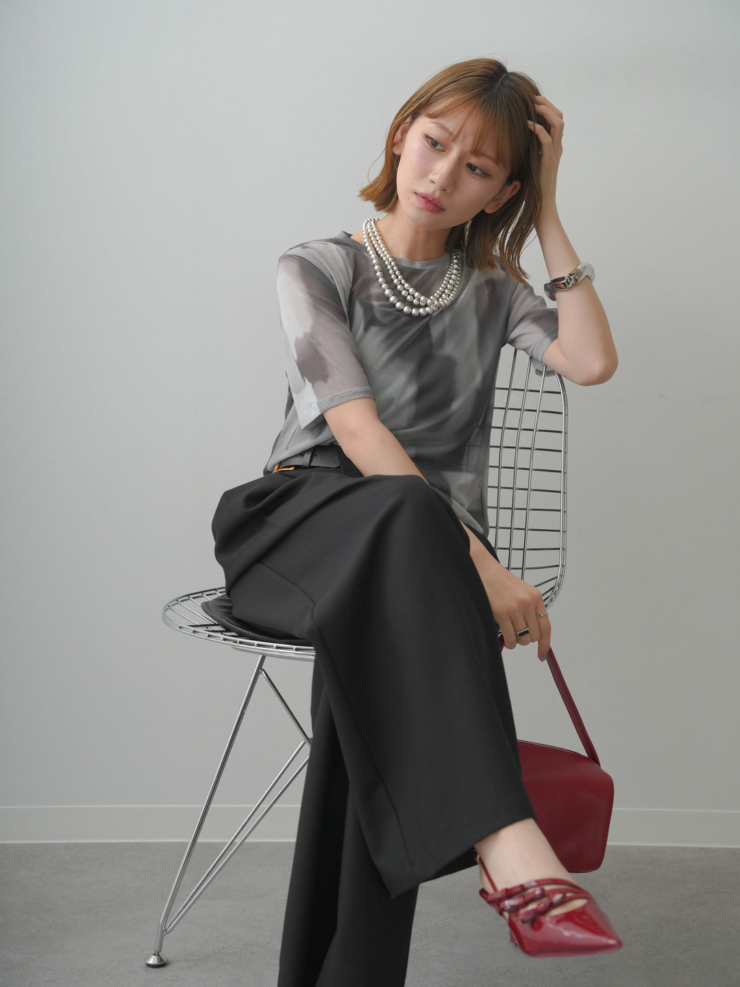 [SET]水彩アートシアーTシャツ+アシンメトリーベルトタックワイドパンツ(2set)