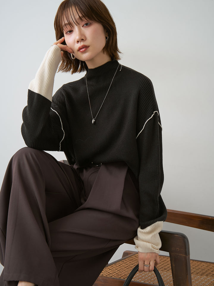 [予約]バイカラーモックネックリブニットトップス/black
