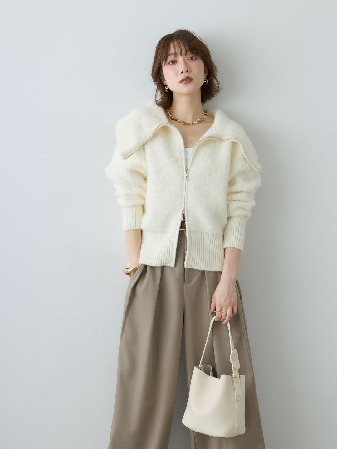 [SET]ビッグカラーシャギーニットブルゾン+ツイルタックワイドパンツ(2set)