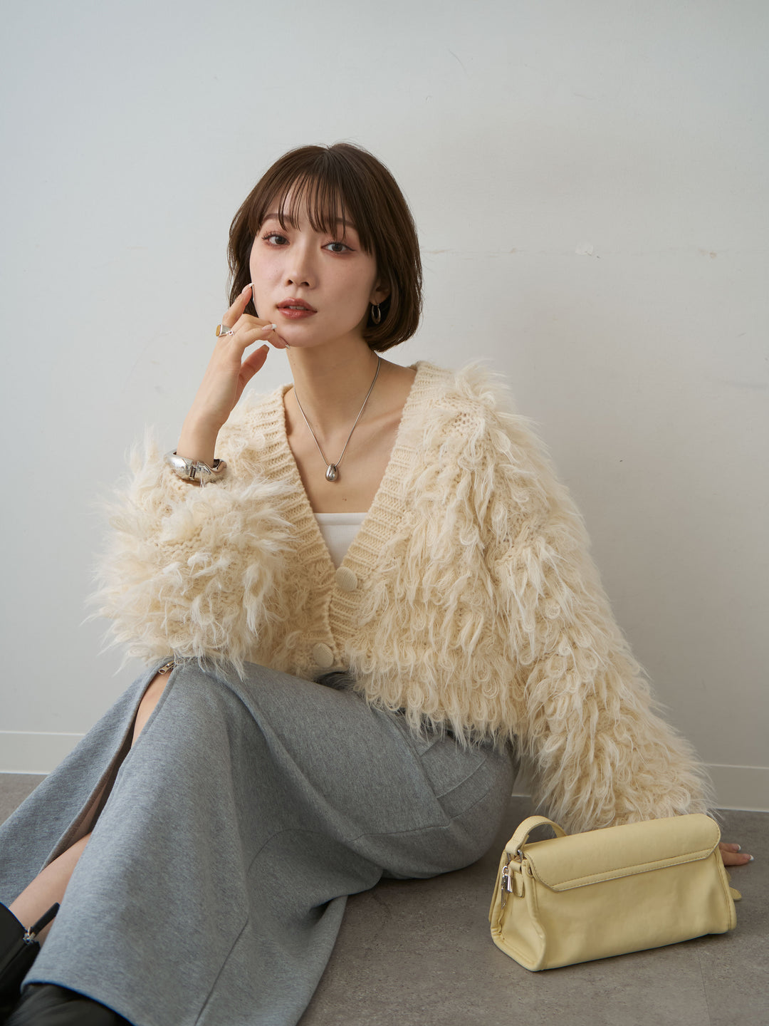 [SET]ループフェザークロップニットカーディガン+フロントZIPポケットデザインスウェットスカート(2set)