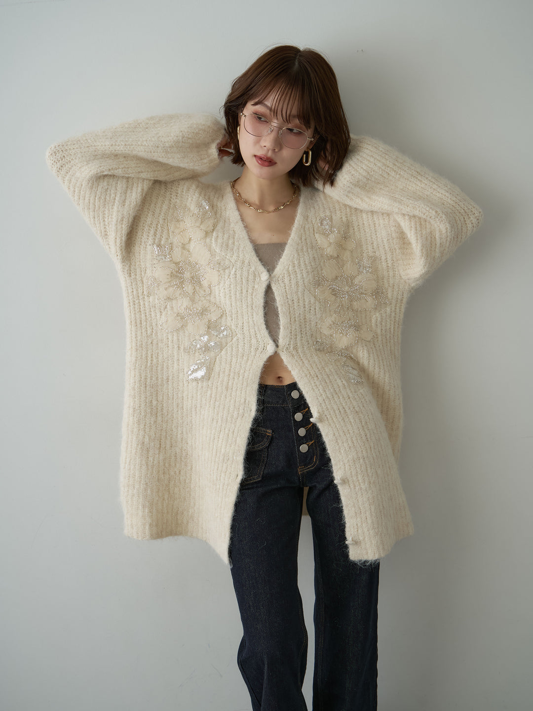 [予約]フローラルビーズニットロングカーディガン/beige