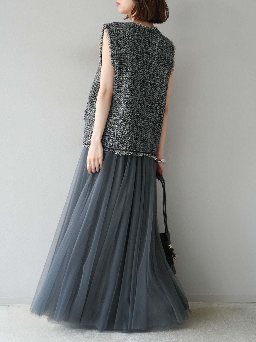 [予約]ミックスツイードフリンジニットベスト/ブラック