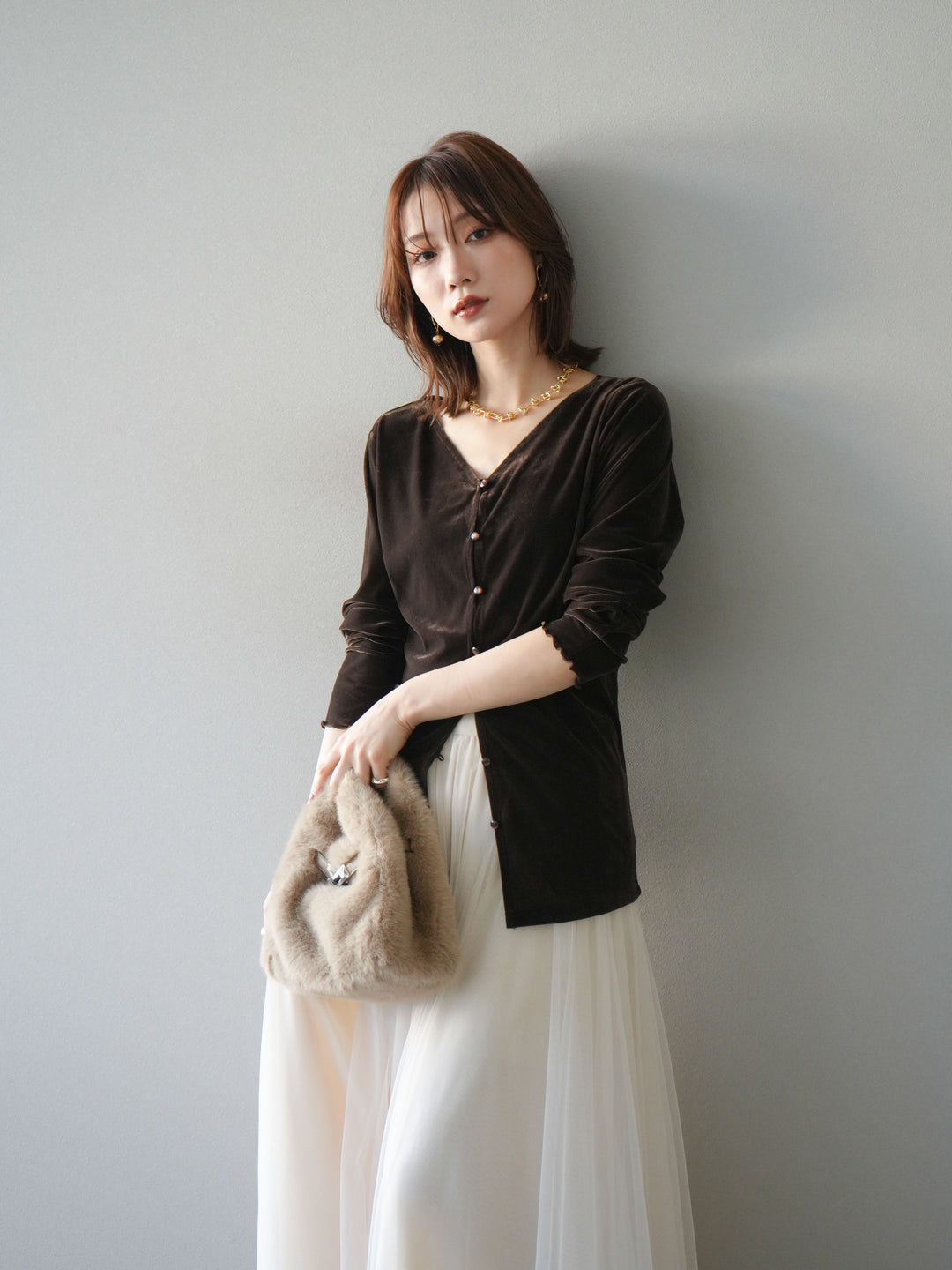 [予約]ベロアカーディガン/brown