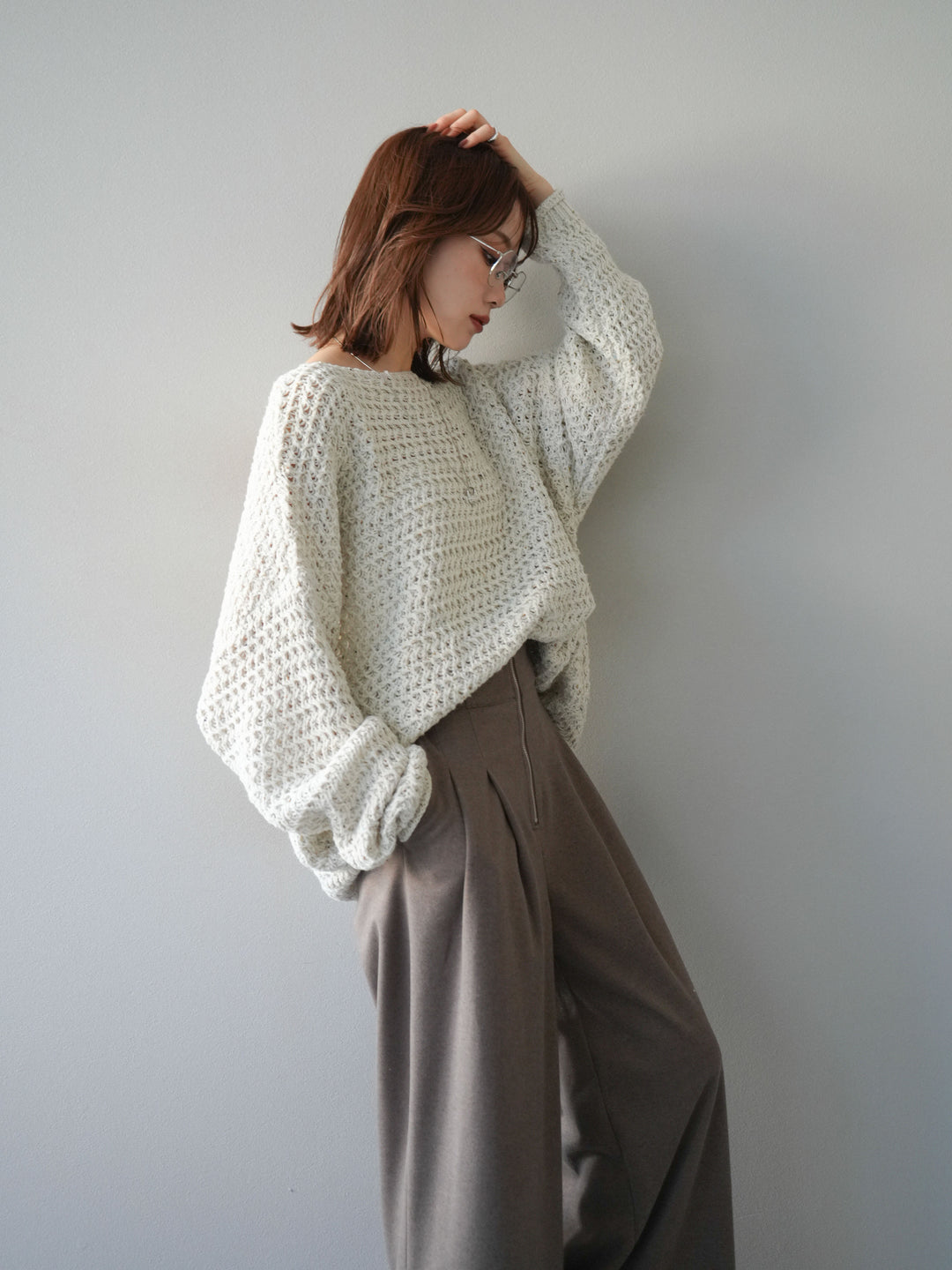 [予約]ネップ透かし編みオーバーニット/ivory